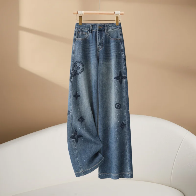 Jeans a gamba larga con strass ricamati Autunno Inverno Nuovi pantaloni dritti effetto consumato lavati a vita alta