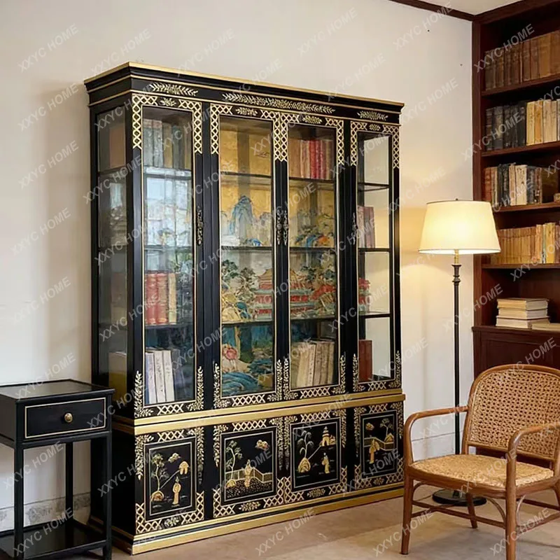 Retro windshield display cabinet Wooden storage cabinet Bookcase Locker Chinese classical door painted decorative cabinet