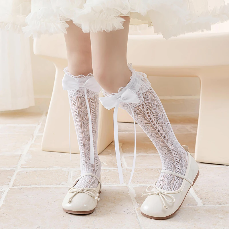 Vertical Heart Striped Mesh Long Tube Socks For Sweet Lolita Girls Long Flowy Ribbon Bow Accent Skin Friendly Elastic Stockings