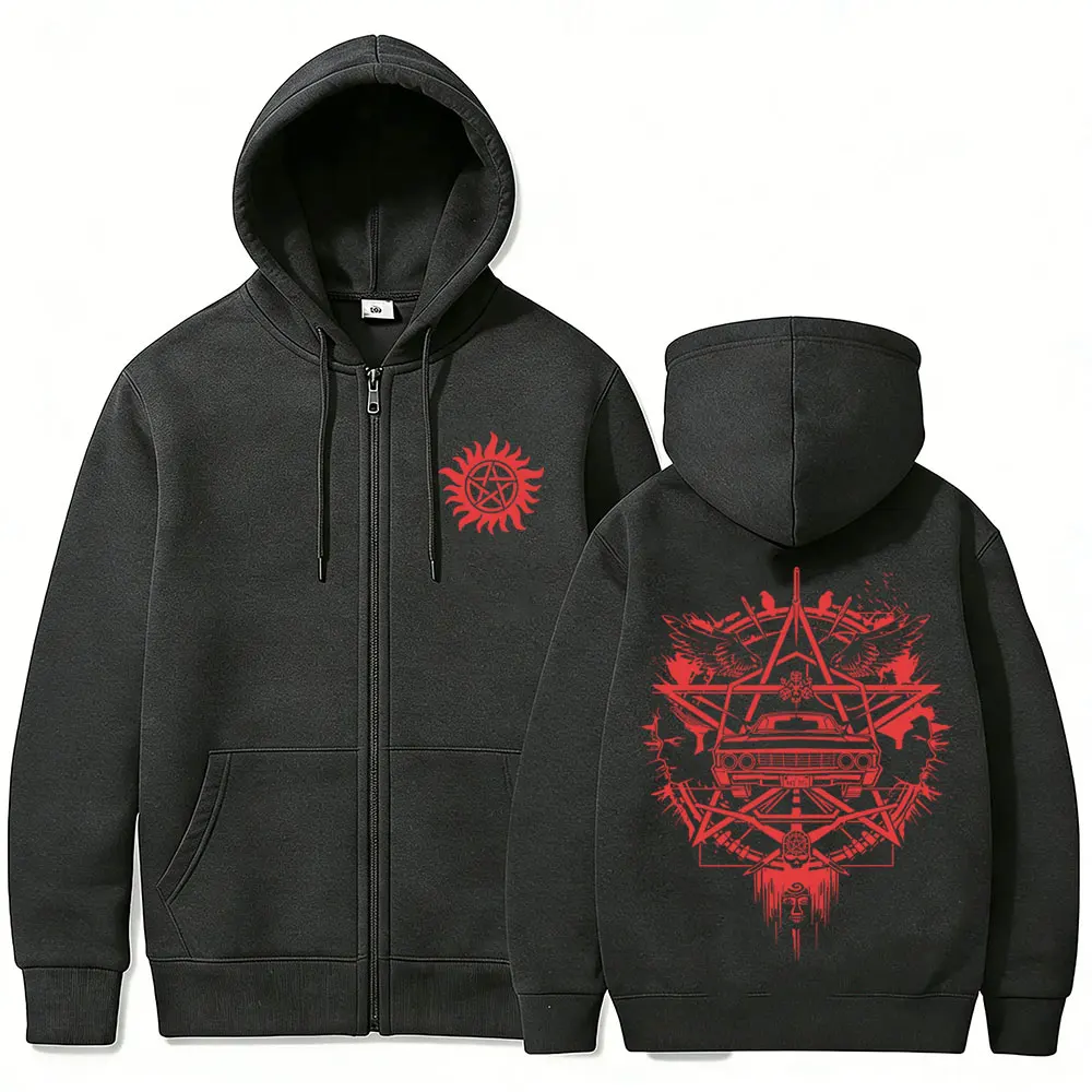 Supernatural Grafik-Reißverschluss-Hoodie für Herren und Damen, lässige Retro-Fleece-Baumwolljacke mit Reißverschluss, Unisex-Cosplay-Oversize-Sweatshirt mit Reißverschluss – Detail 4