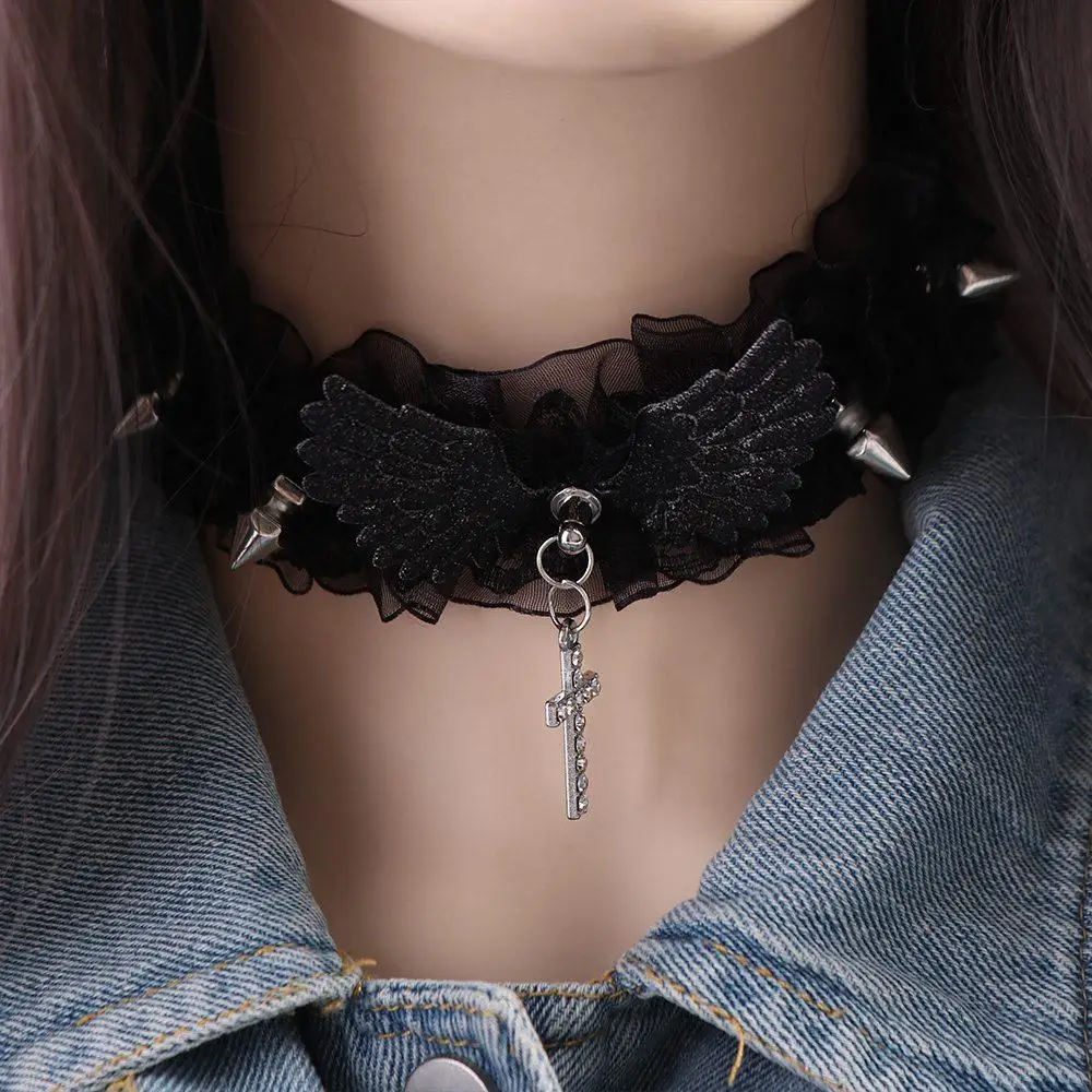 Lolita Solid Color Women's Necklace Wide Lace Rivets Lace Choker Angel Wings Delicate Leather Necklace Lady