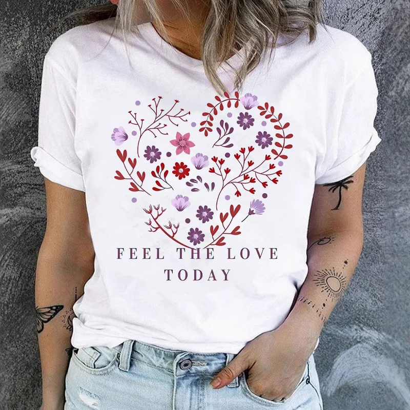Women's Heart-shaped Short Sleeve T-shirt Fashion Print Instagram Base Shirt Harajuku  Aesthetic Clothes  Summer polyester
