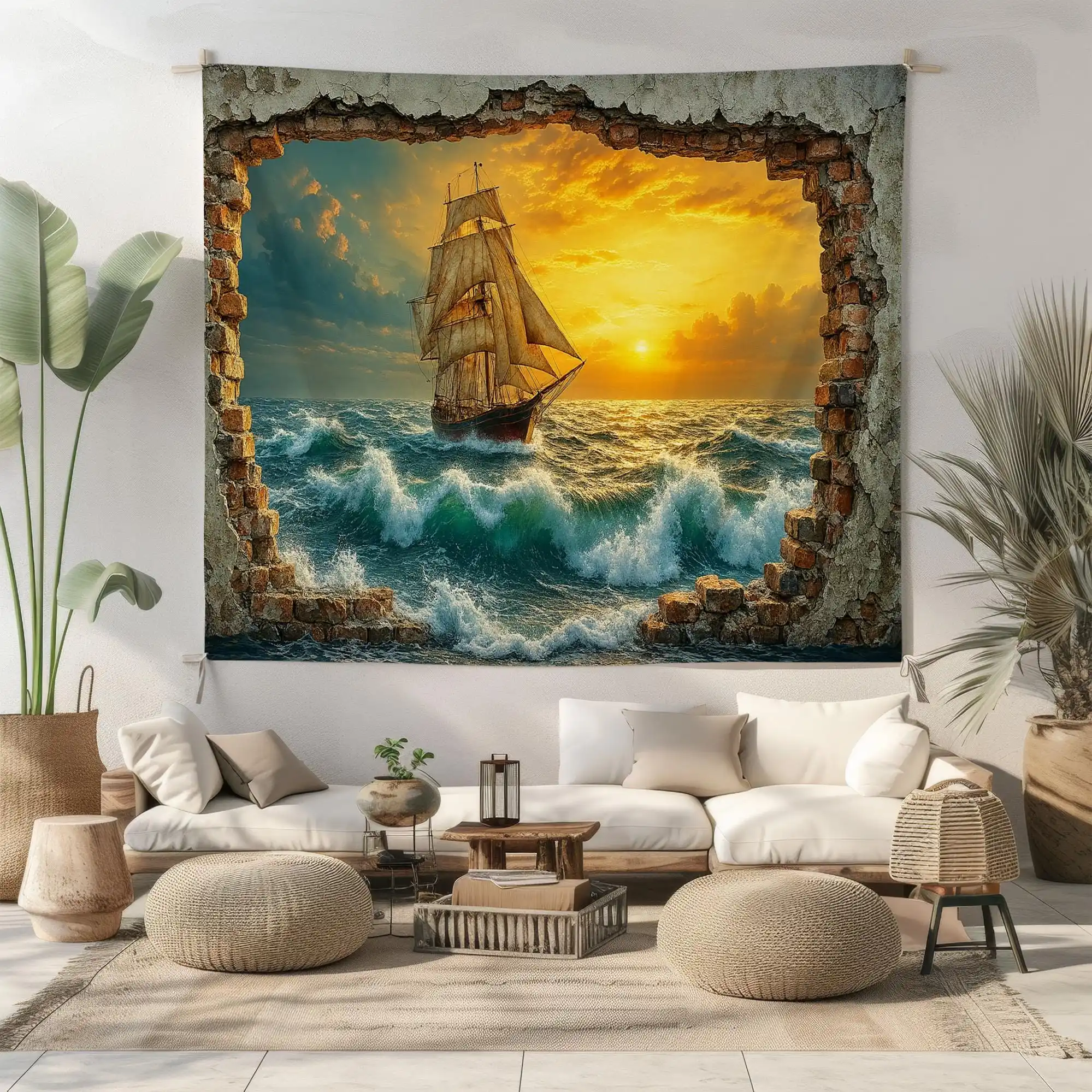 Epic Sunset Sea Voyage Pirate Ship Wall Tapestry Nautical Ocean Decor for Bedroom Living Room Home Art