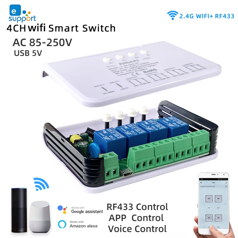 EWeLink WIFI 4CH Smart Module Switch, Controller motore, AC 110V 220V 230V 250V, relè a impulsi a 4 canali, Alexa GoogleHome RF433 Remote