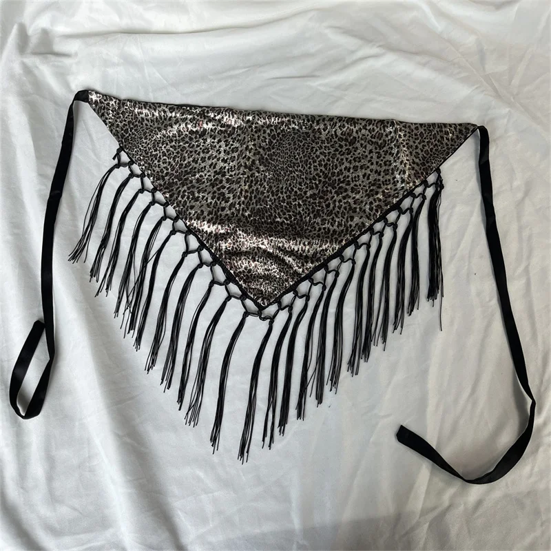 Ladies Fashion Triangle Scarf Glitter Leopard Print With Long Black Tassel Fringe Bohemian Tie‑Up Scarf Multifunctional Head