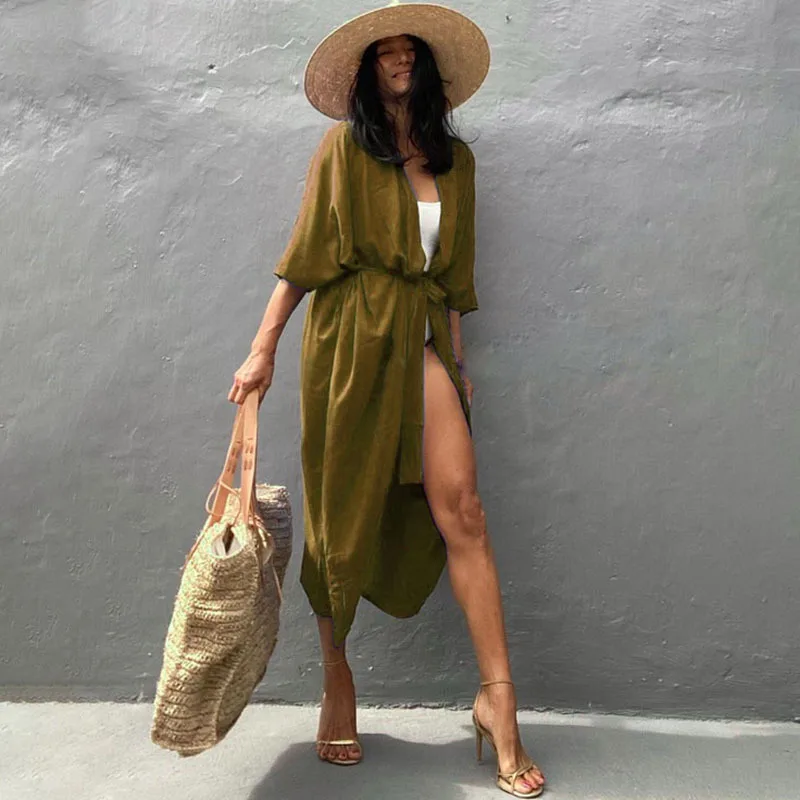 Sexy New Long Sleeves Beach Cover Ups Women`s Swimwear Solid Color Belt Swimsuit Kimono Tunic Bathing Suit Beach Wear Blue