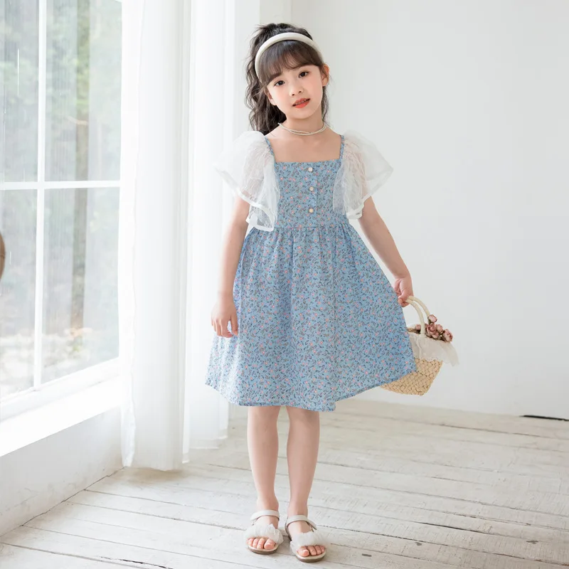 

Korean Summer Children Girl One-piece Dress Elementary Girl Gauze Sleeve Flower Printed Fluffy Dress School Girl Princess Dress