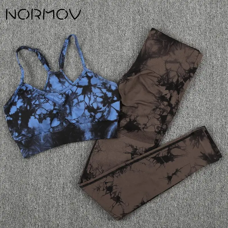 NORMOV Tie Dyeing Gym Set Seamless Women Sports Set Raises Butt Gym Set Women High Waist Workout Set Tracksuit Woman Tank Top