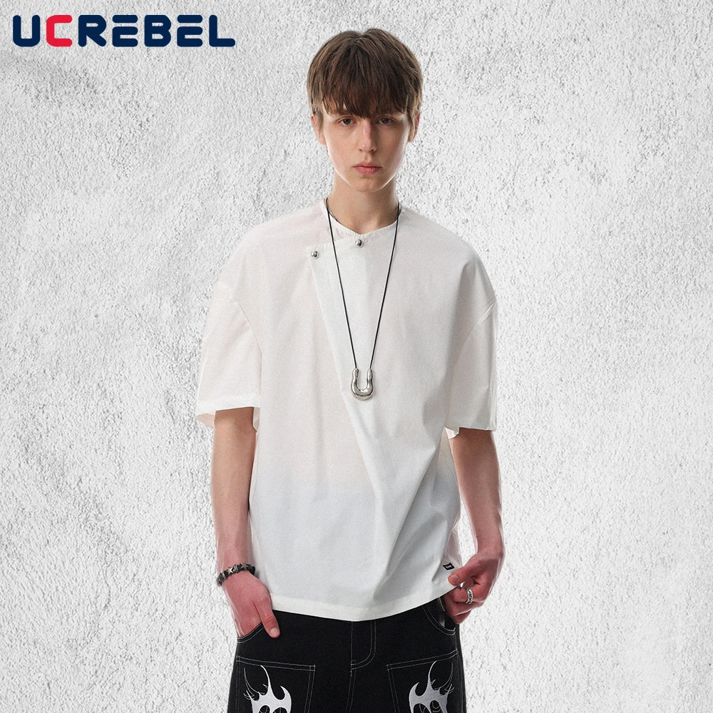

Rivets Pleated Spliced Short Sleeve T-shirt Mens Solid Color Summer Retro High Street Half-Sleeve Tshirt Man Tee