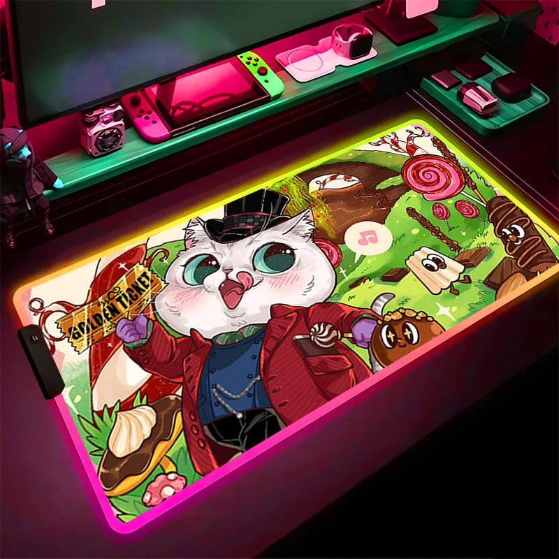 

RGB светодиодный коврик для мыши, резиновый коврик для мыши с рисунком, игровой коврик, аксессуары для ПК, настольный коврик, нескользящий коврик для стола, офисный сказочный коврик для клавиатуры с котом