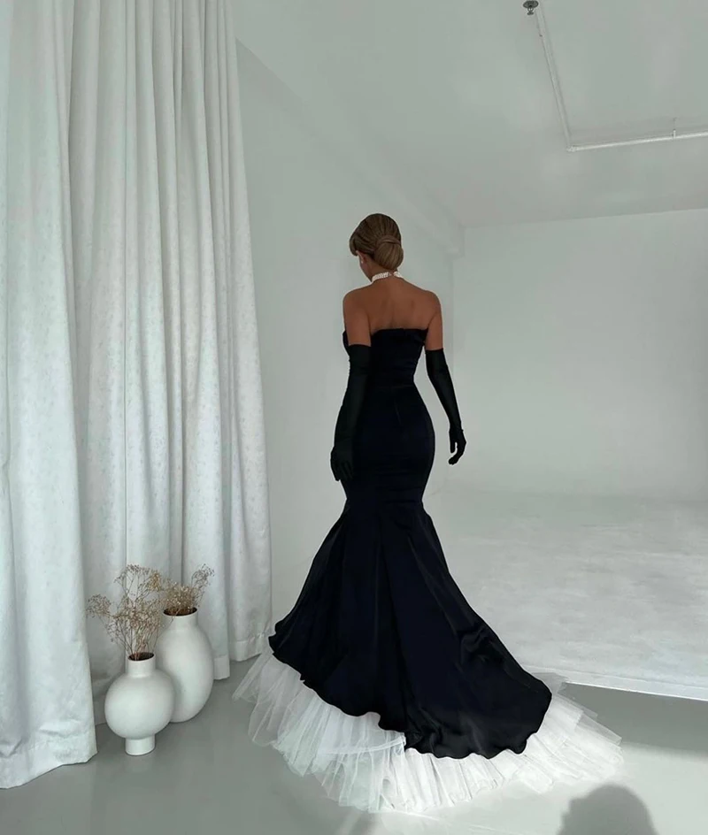 2023 Black Mermaid Prom Dress Strapless Ruffles Satin Tulle Pageant Wear Outfit Graduation Gala Gown Robe De Soiree