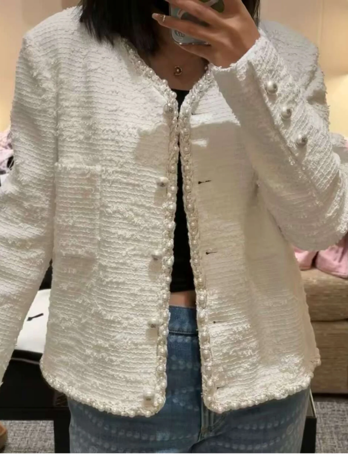우아한 진주 장식 트위드 재킷 짧은 브이넥 긴 소매 여성 봄 패션 스트레이트 컷 싱글 버튼 클로저 코트