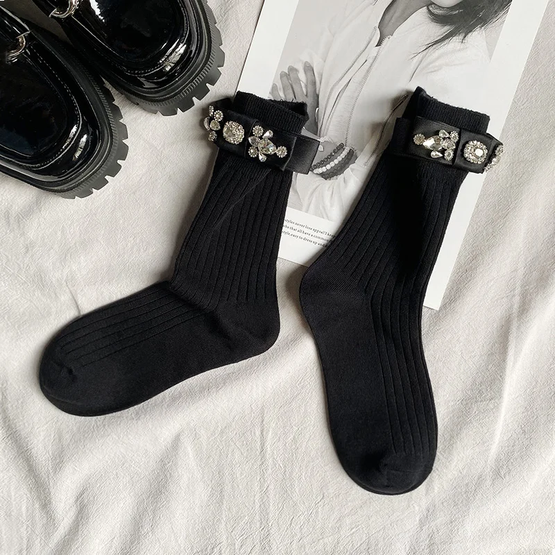 

Handmade Rhinestones Rosette Socks for Women Black Cotton Autumn Winter Socks Luxury Diamond Decor Black Socks