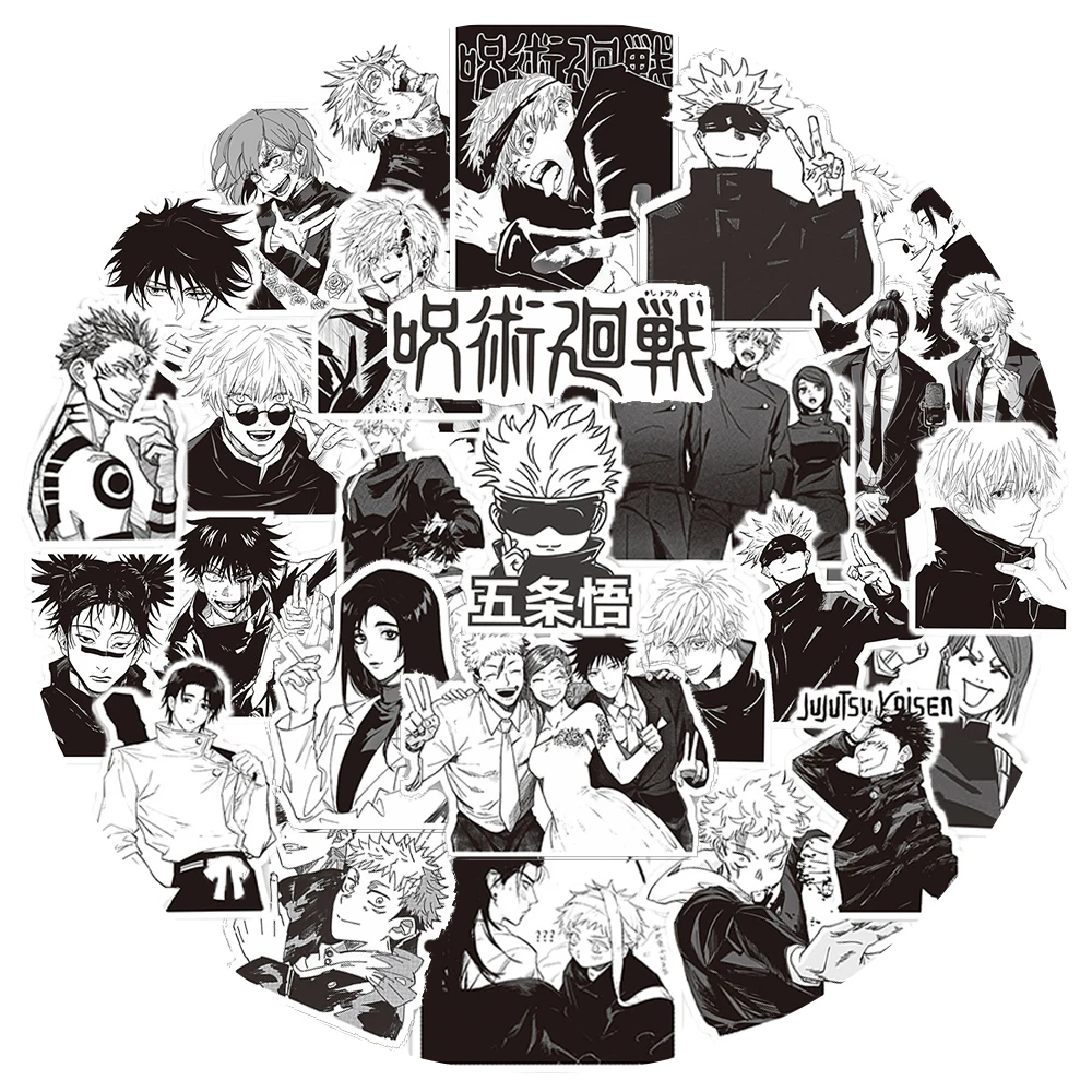 10/30/65pcs Jujutsu Kaisen Black White Anime Stickers Cool Japan Manga Decals Phone Skateboard Notebook Cartoon Graffiti Sticker