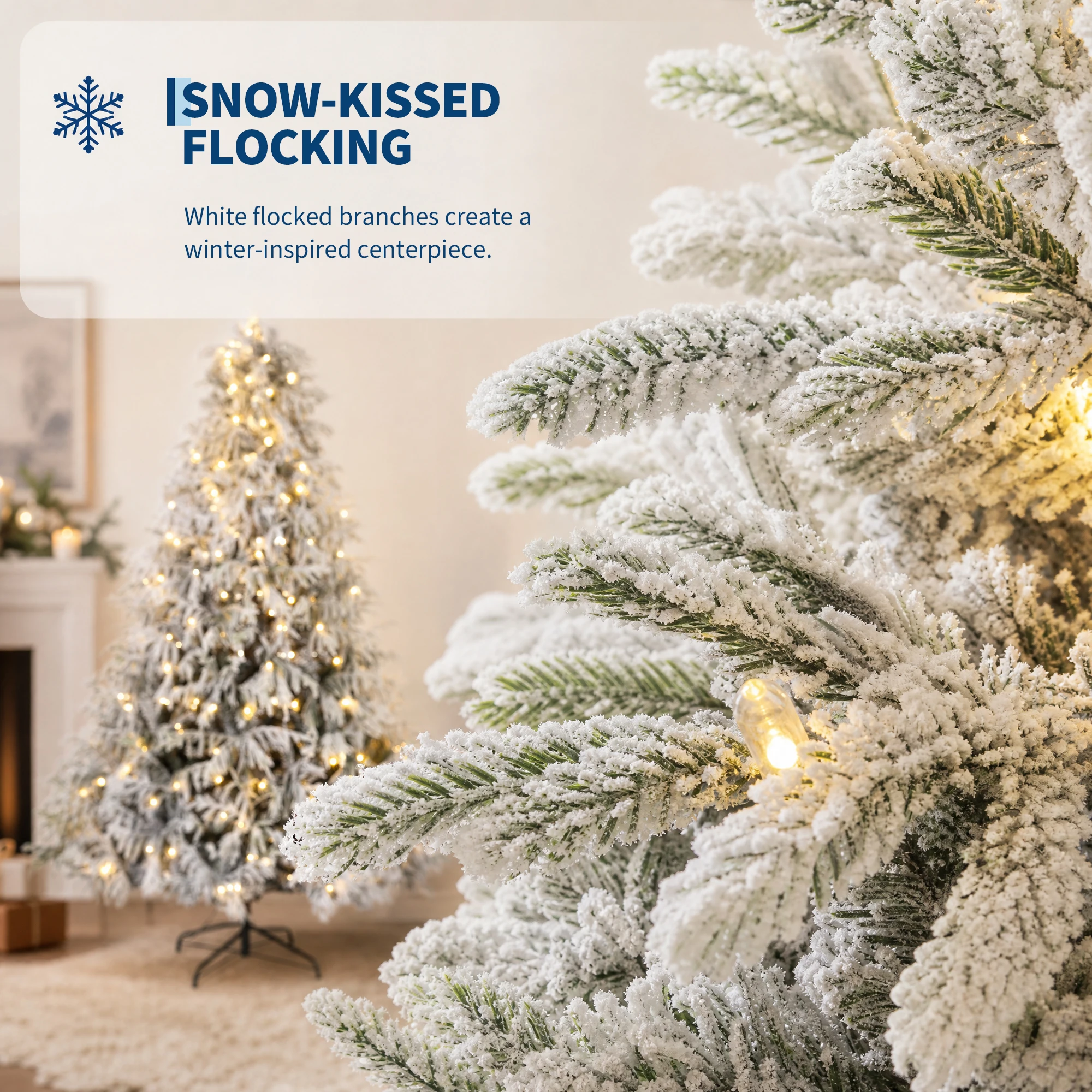 6/7FT Pre-Lit Flocked Norfolk Pine Artificial Christmas Tree with 400 Warm White LED Lights, Snow-Kissed Holiday Xmas Tree for Living Room & Indoor Home Decor