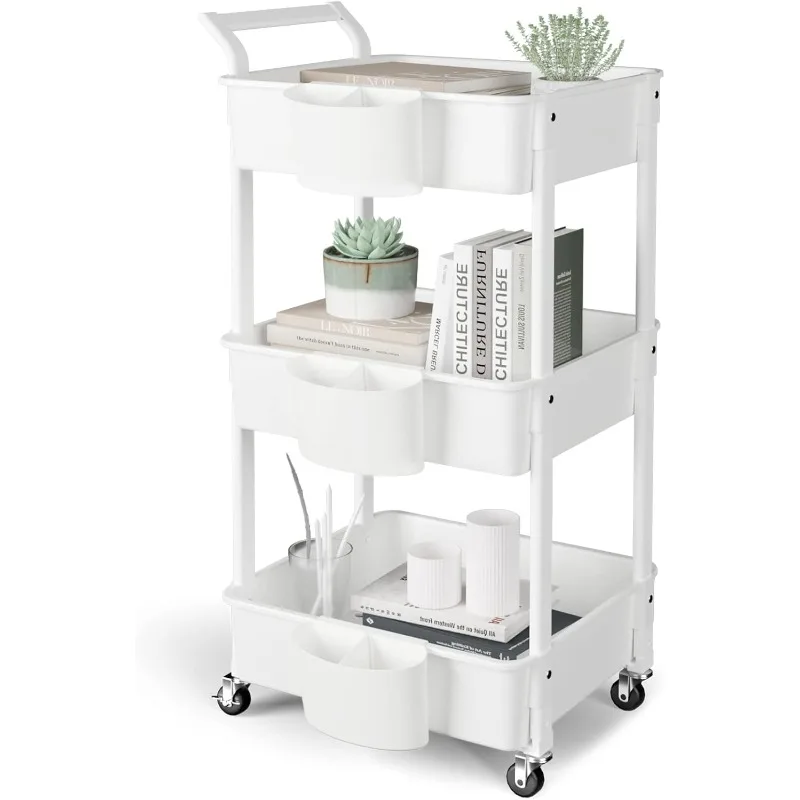 

3-Tier Utility Rolling Cart,Mobile Utility Cart with Lockable Caster Wheels,Storage Shelves Organizer Cart, 3 Hanging