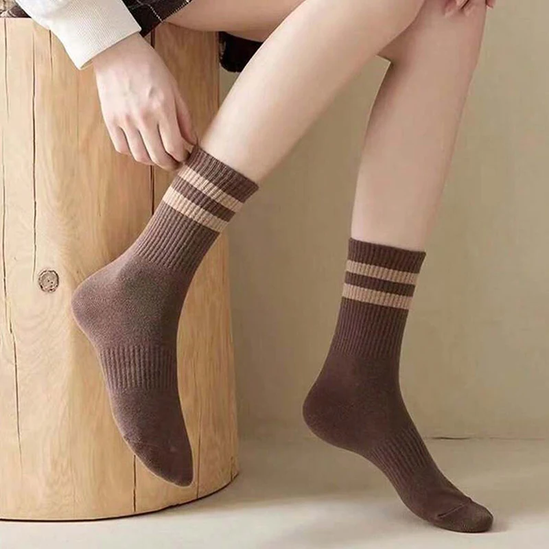 6 Pairs Women's Mid-Calf Socks Non-Slip Ribbed Cuff 2-Stripe Solid Color Athletic Casual Ankle Socks