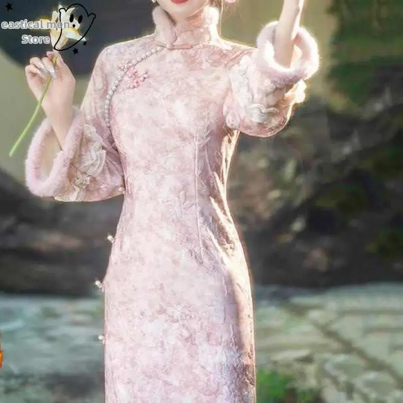 

Улучшенное платье Cheongsam с длинными рукавами Qipao для женской одежды, новое теплое платье в китайском стиле, элегантное вечернее платье, Vestidos
