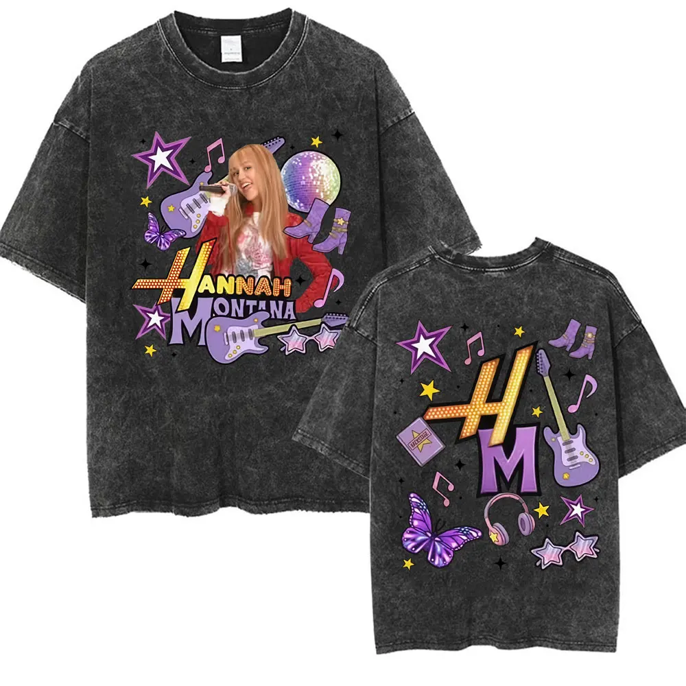 Miley Cyrus Hannah Montana Logo T Shirt Men Women Summer Casual Vintage Washed T Shirts Unisex Fashion Aesthetic Hip Hop T-shirt