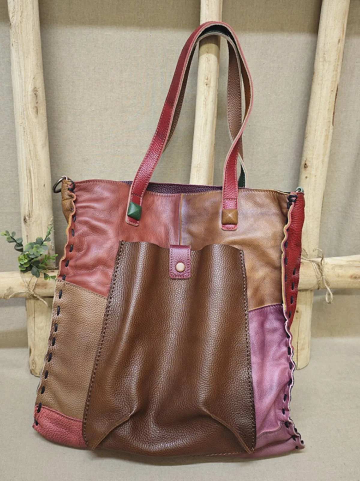 Handmade Leather Women's Large Capacity Shoulder Crossbody Bag Vintage Artistic Style Pure Color Soft Handle Cotton 