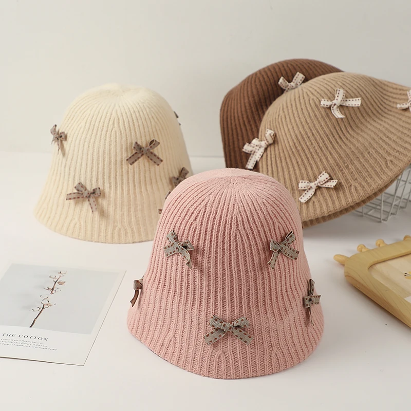 Dziecięce czapki zimowe Bowknot Wełniany kapelusz kubełkowy Ciepły dzianinowy kapelusz rybaka dla dziewczynek Stylowy, wszechstronny, swobodny kapelusz umywalkowy Różowa Panama