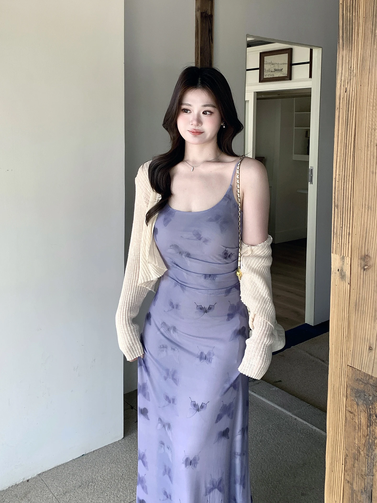 

French Style plus Size Print Mesh Strap Dress Women's High Waist Slimming Long Dress Summer Casual City Commute