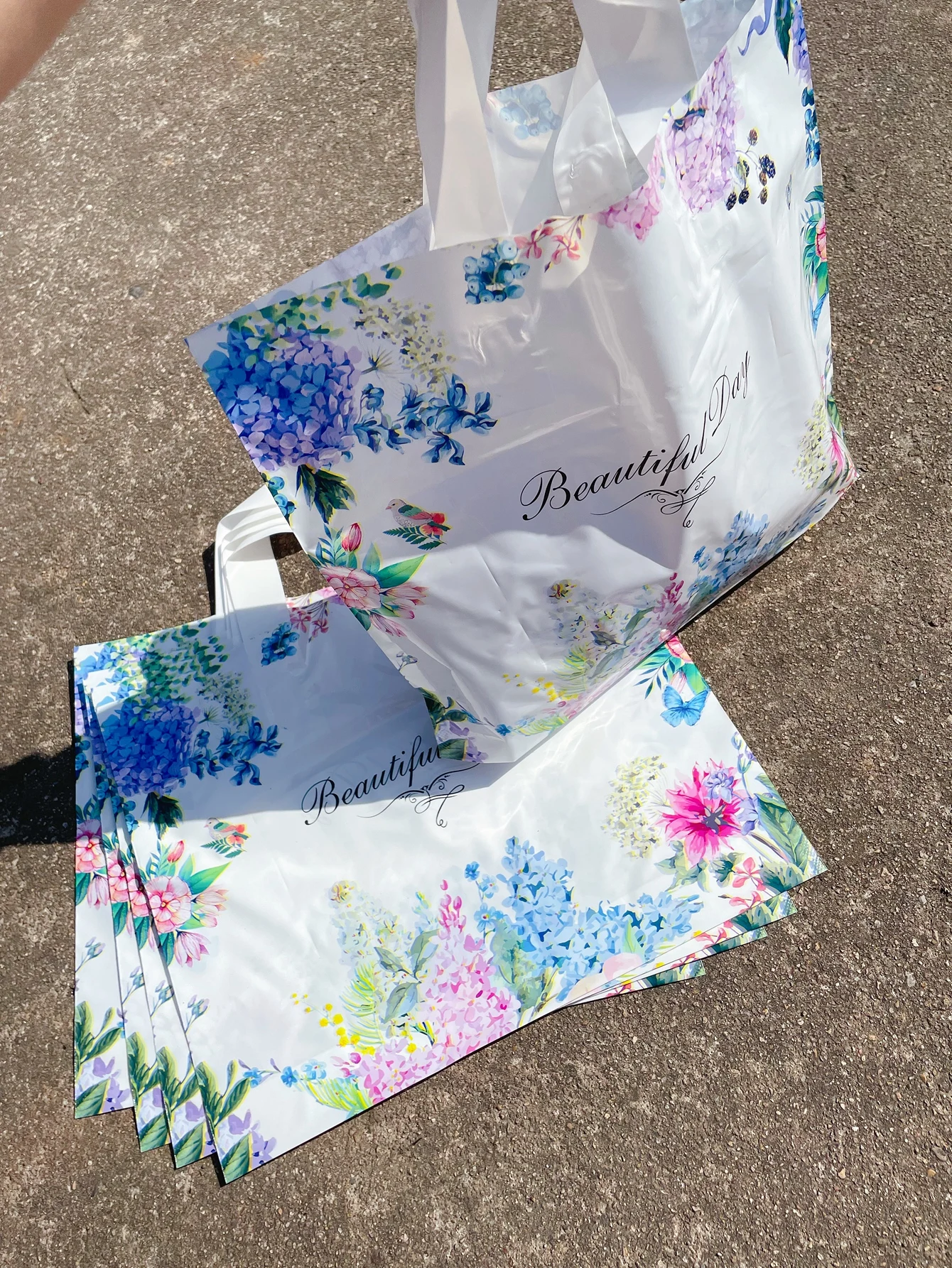 10pcs Blue Flower And Bird Style Tote Bag, Beautiful Day Printed Shopping Plastic Bags, Dress Gift Item Package For Party Event