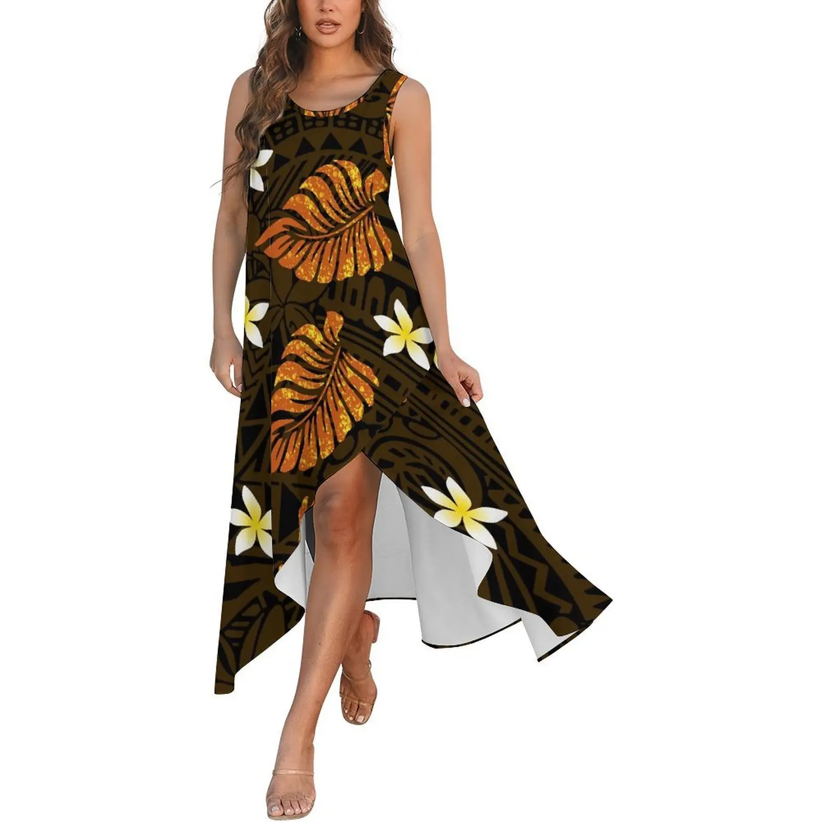 

Summer Exquisite Round-Neck Sleeveless Women'S Dress Polynesian Custom Floral Design Loose Slit Skirt Hem Evening Dress Pattern