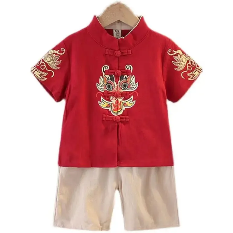 الصيف النمط الصيني القطن الكتان الأحمر التنين التطريز تانغ دعوى الفتيان الفتيات أزياء الطفل السنة الجديدة الملابس تاي تشي الملابس