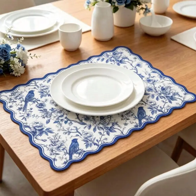 2/4/6PCS Retro Blue White Porcelain Flower Wave Edge Placemats Heat Resistant Washable Non Slip Kitchen Home Decor