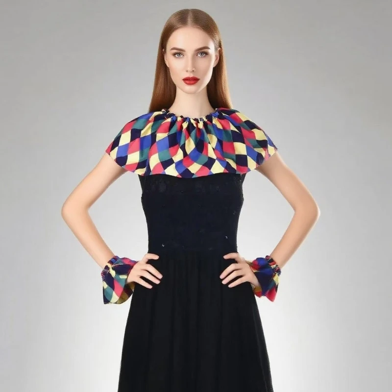 Jester Costume Essential Colorful Checkered Clown Faux Collar and Wrist Cuffs Accessories For Themed Parties Cosplay Fun