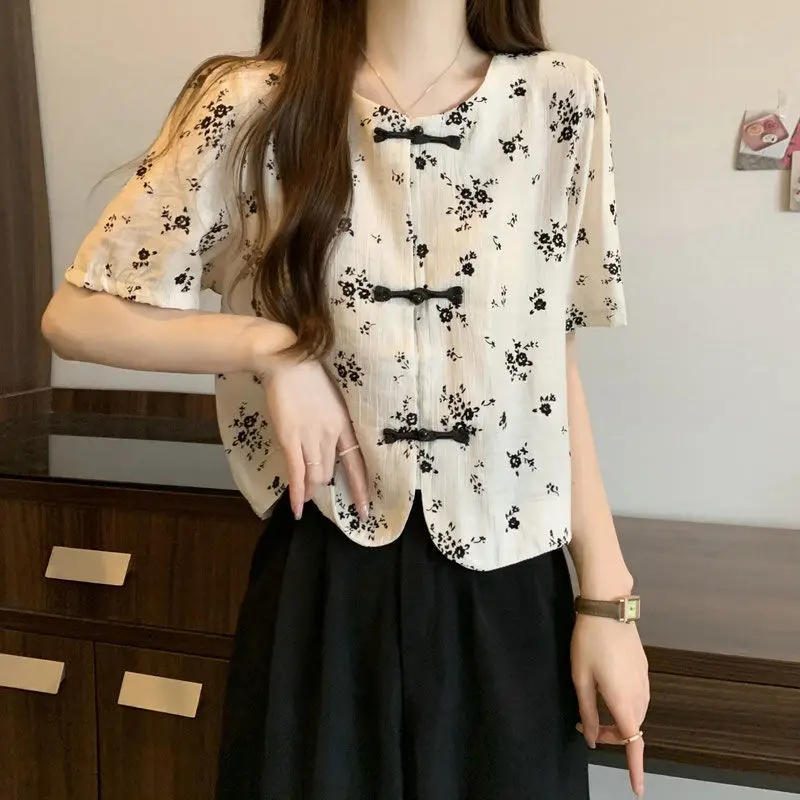 Women Summer Simplicity Loose Elegant Printing O-neck Chiffon Shirts Women Clothes Casual Temperament All-match Appear Thin Tops