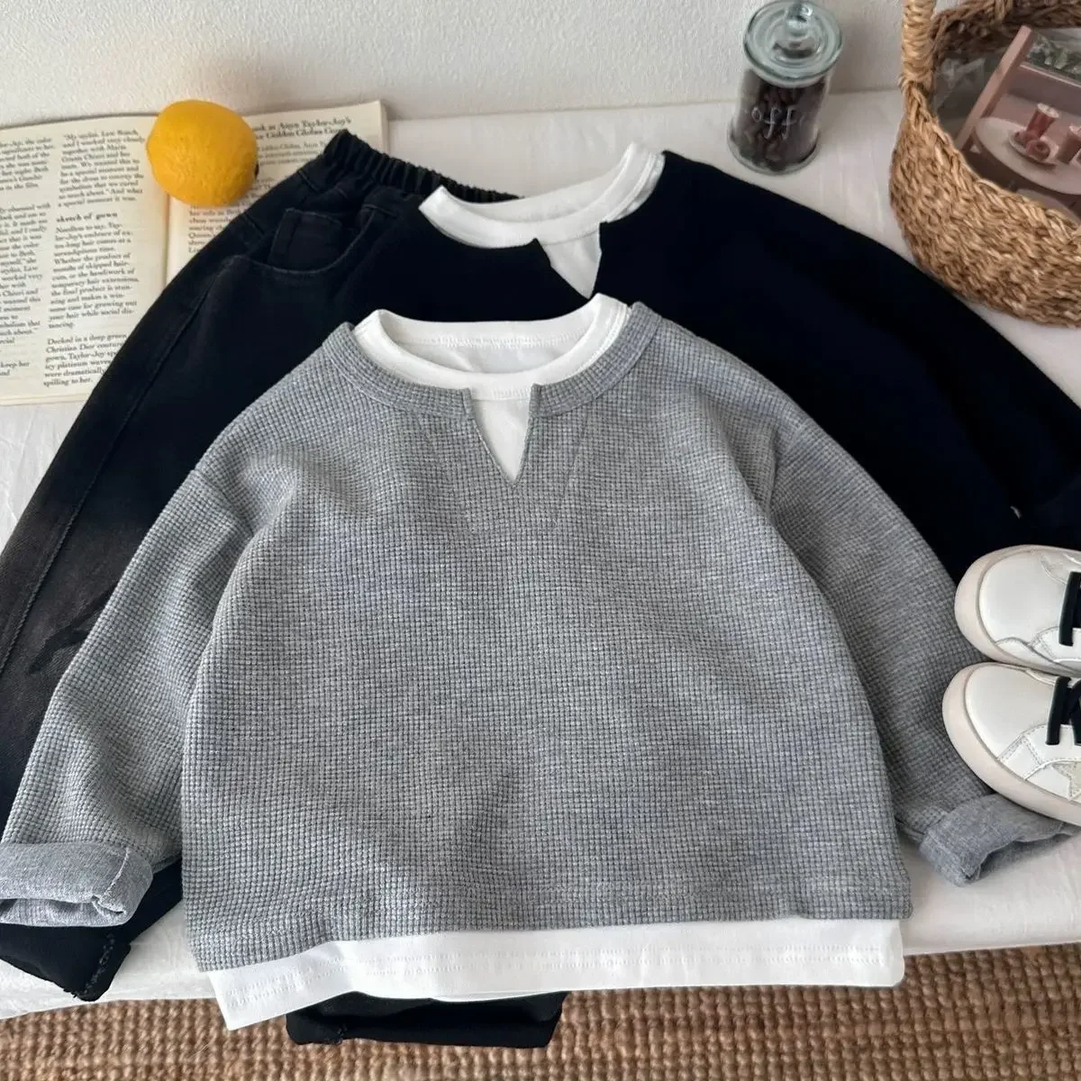 Kinder Jungen Sweatshirt Herbst 2026 Säugling Baby Jungen Pullover Lässig 1-10 Jahre Kinder Jungen Waffel Fake Zweiteilige Oberteile – Detail 13