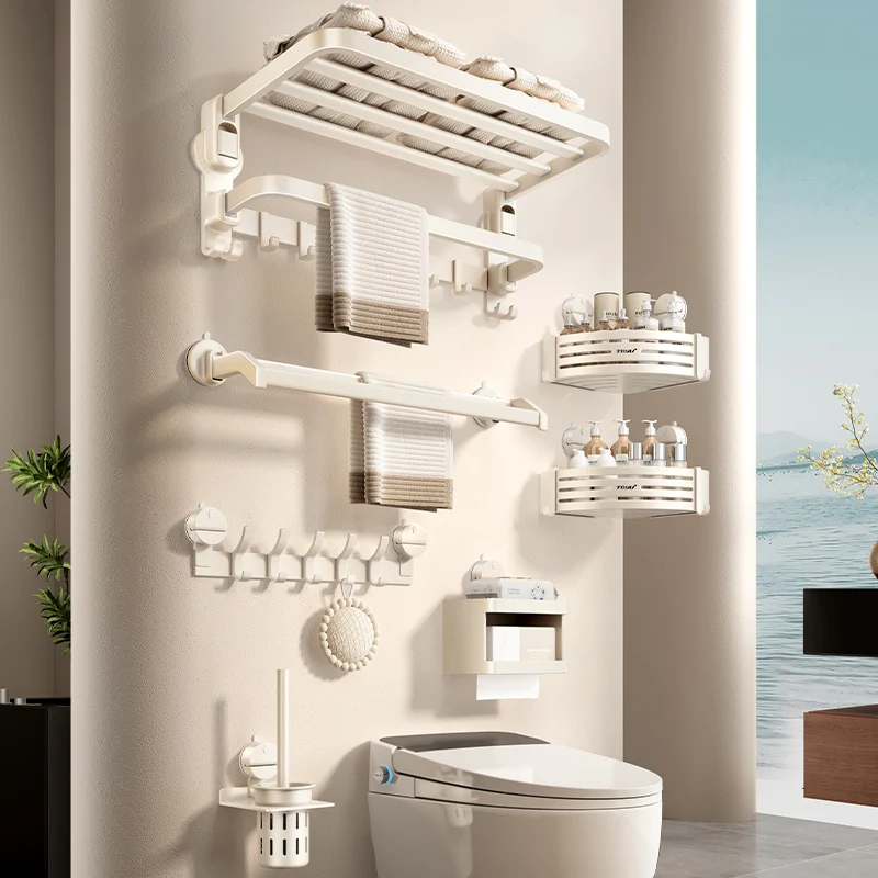 Suction cup towel rack toilet non-punching bath towel storage rack space aluminum toilet cream wind bathroom hook type