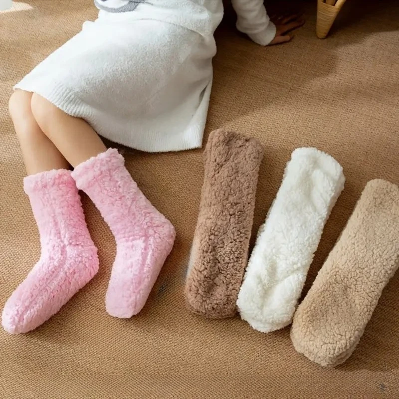 1-4Pairs Coral Fleece Socks for Women Thick Winter Warm Floor Socks Non Slip Thermal Slipper Socks Anti Slip Home Wear