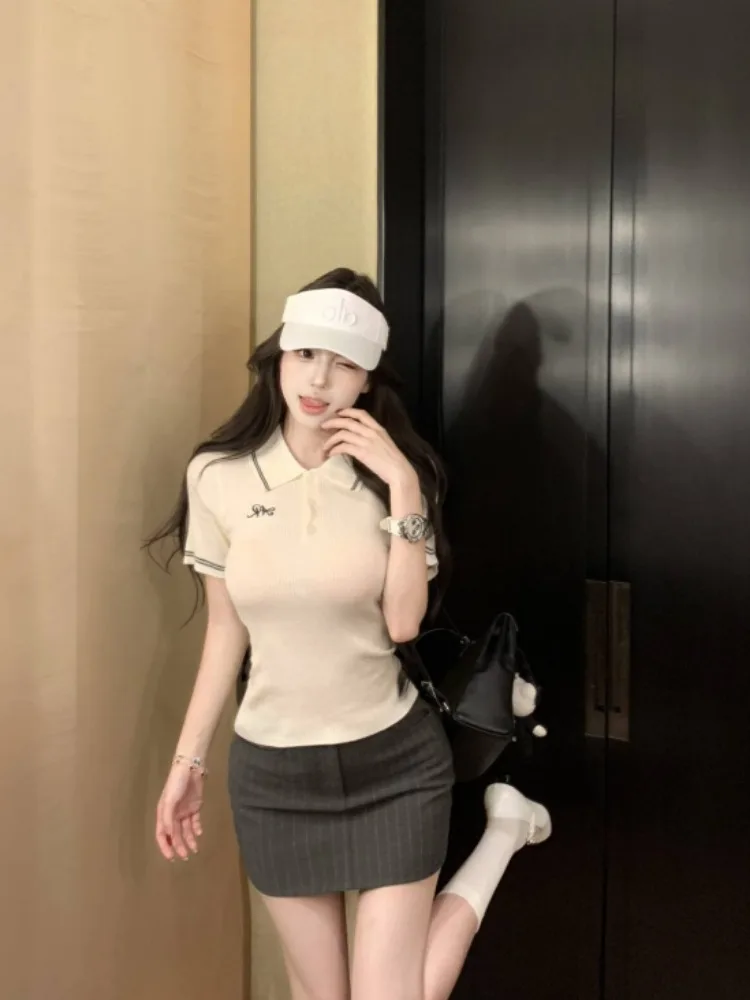 White Embroidered  Neck Short Sleeve Knitted T-Shirt Women Summer Slimming Waist Cinched Inner Wear Spicy Shoulder Level Top