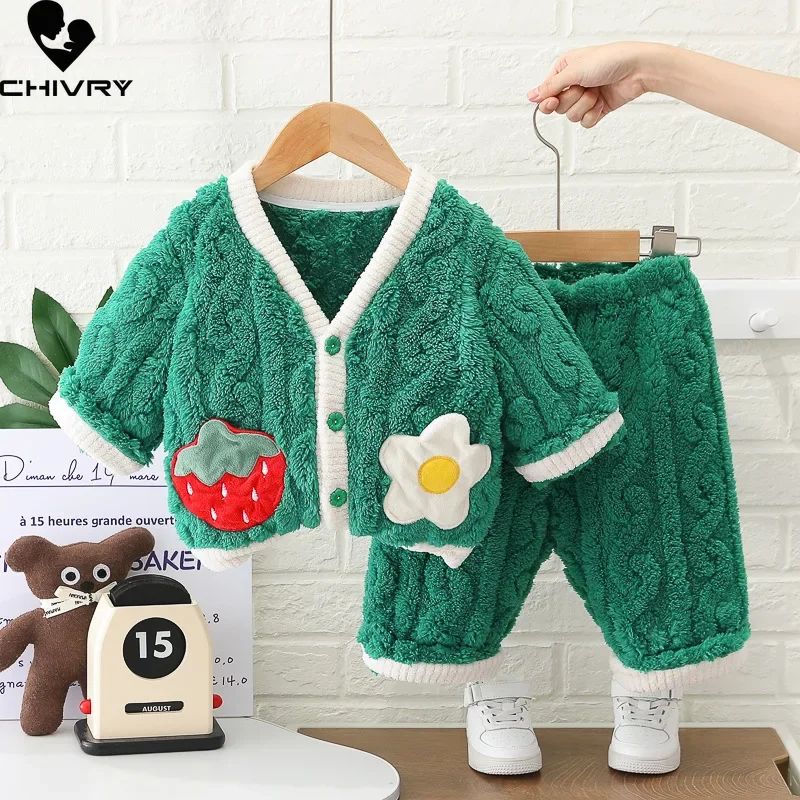 New Kids Autumn Winter Cartoon Strawberry Clothing Sets Baby Thicken Warm Soft Flannel Pajamas Girls Casual Sleepwear Pyjamas