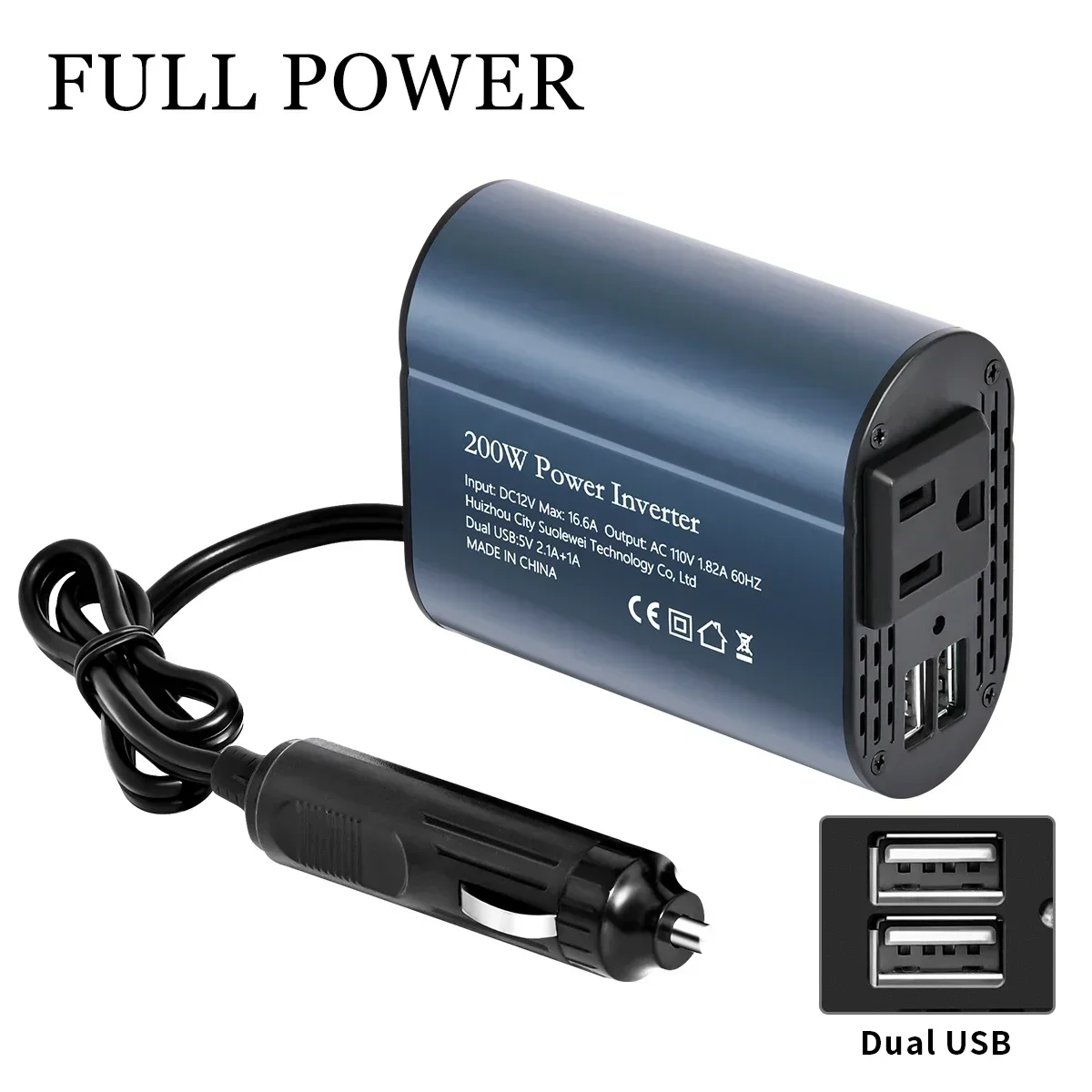 USA Socket 200W Power Inverter DC 12V To 110V 60HZ AC Car Inverter Converter with 3.1A Dual USB Car Adapter