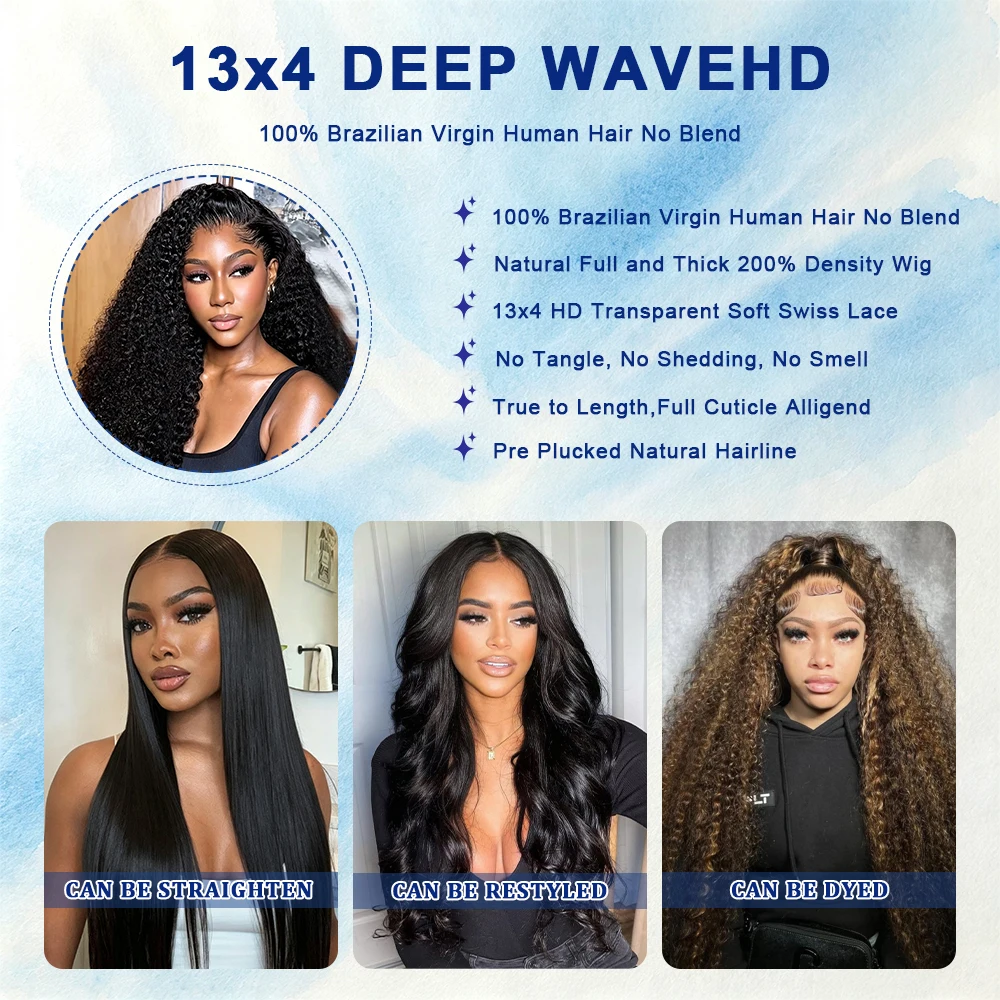 250% Density Deep Wave 30 34 Inch 13x4 HD Lace Frontsl Kinky Curly Human Hair Wigs HD Transparent Lace Front Wig Brazilian Raw Natrual Color 13x4 Wet And Wavy Water Wave Wig