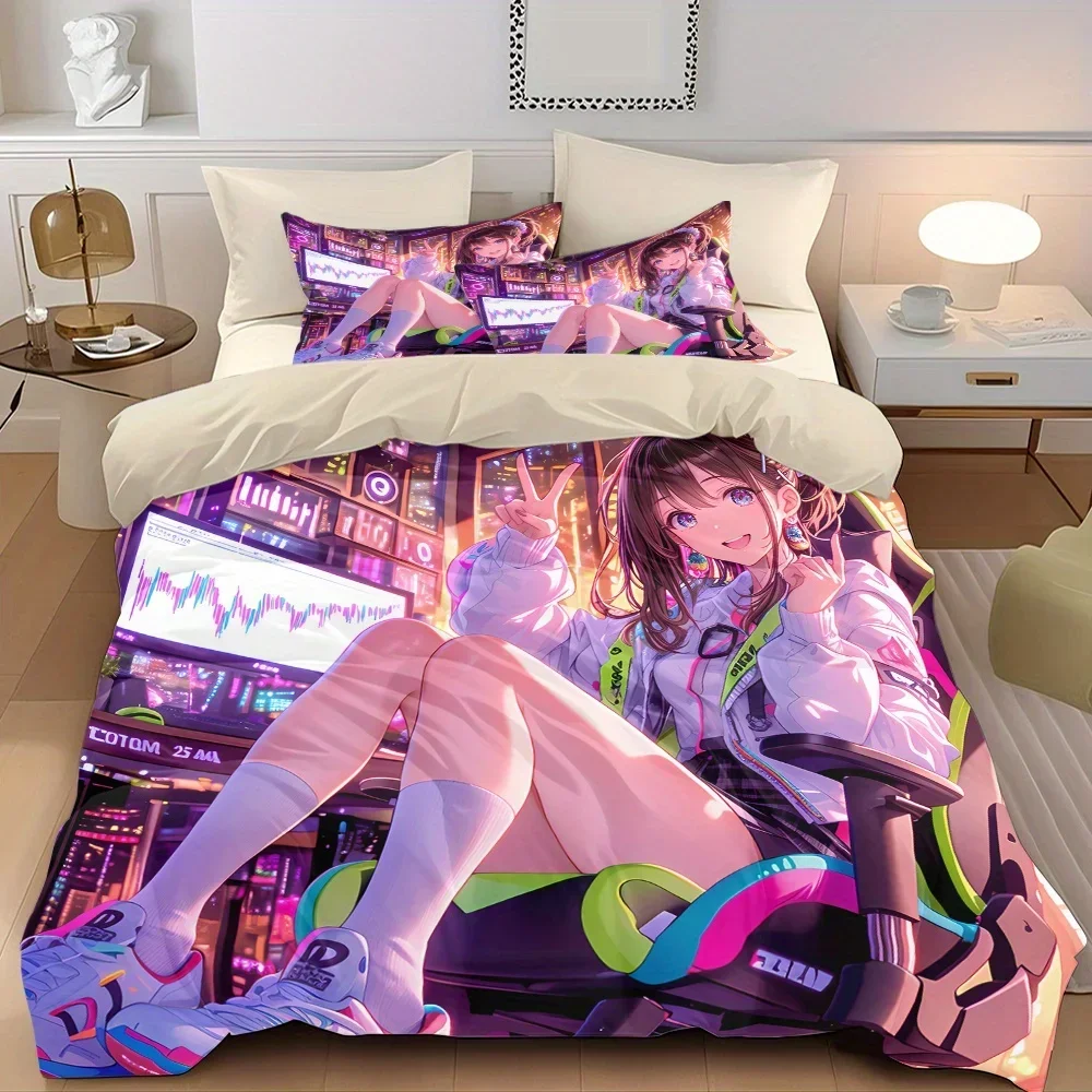 3pcs Anime Girl Printed Quilt Set- Includes 1 Quilt Cover and 2 Pillow Cover (without Filler)