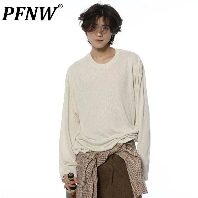 

PFNW All-match Solid Color Texture Thin T-shirt Male Casual O-Neck Long Sleeve Pullover Loose Tops 2024 Autumn Chic New 28W4050