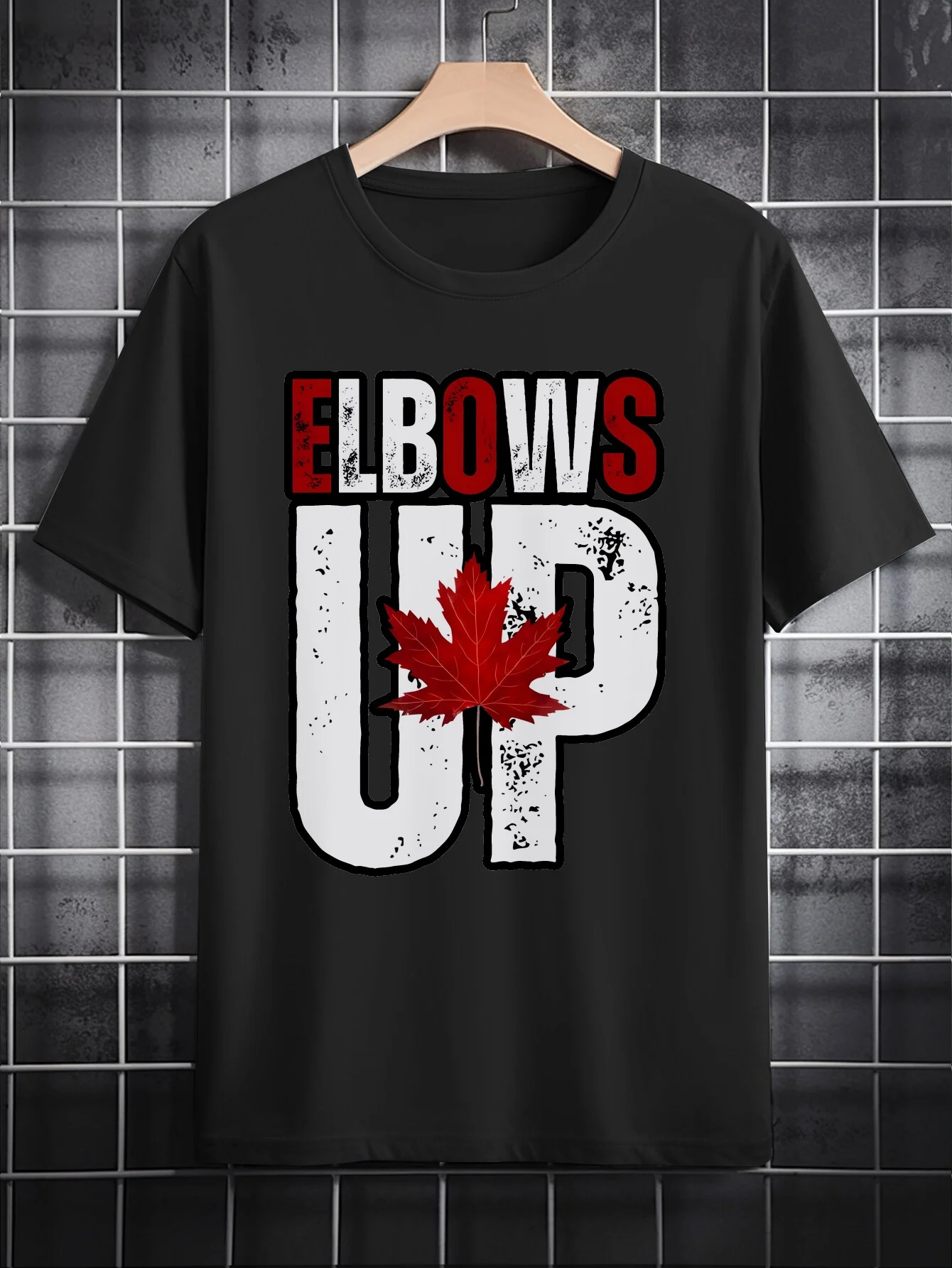

Canadian Pride "Elbows Up" T-Shirt - Vintage Red Maple Leaf Print, Black Crew Neck, Machine Washable Casual Tee