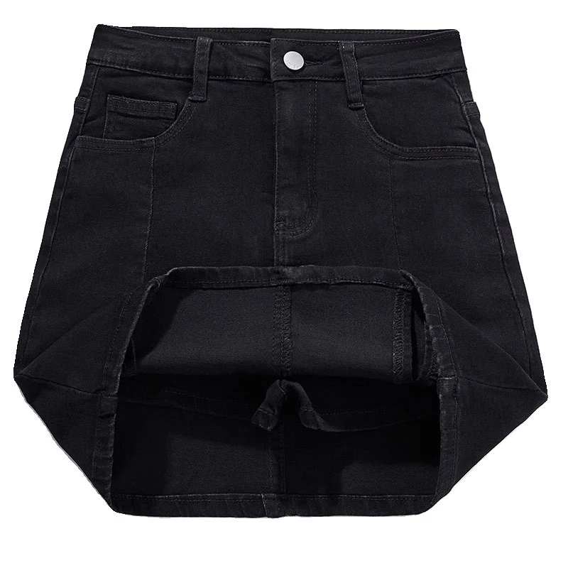 Thin section summer black denim skirt female bustier elastic high-waisted open fork anti-glare a word package hip pants skirt