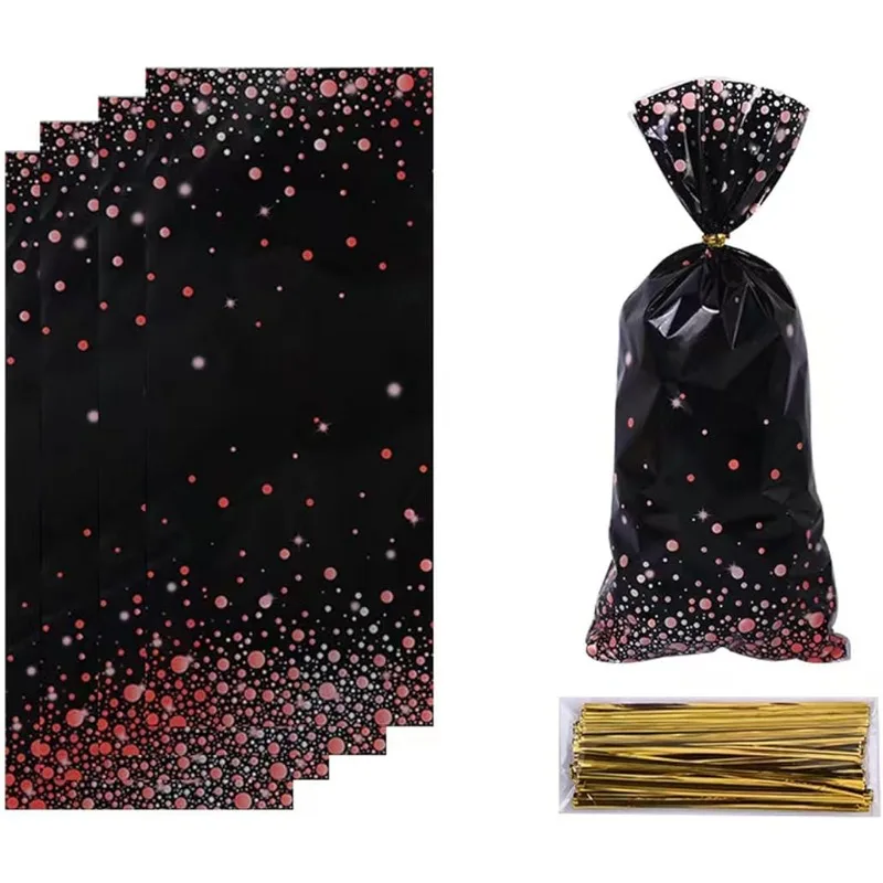 Sachets de bonbons en cellophane à pois en plastique doré rose noir, 50 pièces, avec attaches torsadées dorées pour la fête de Jeffplacées