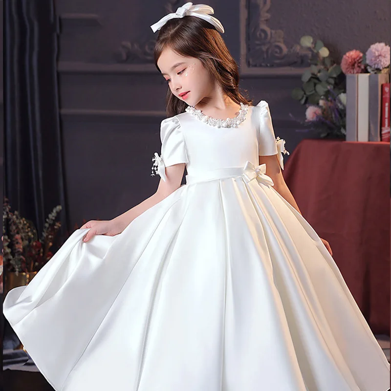 Little Girls White CeremonY Communion Dress Kids Birthday Party Ball Gown Girls School Piano Performance Dresses Fromal Beaded