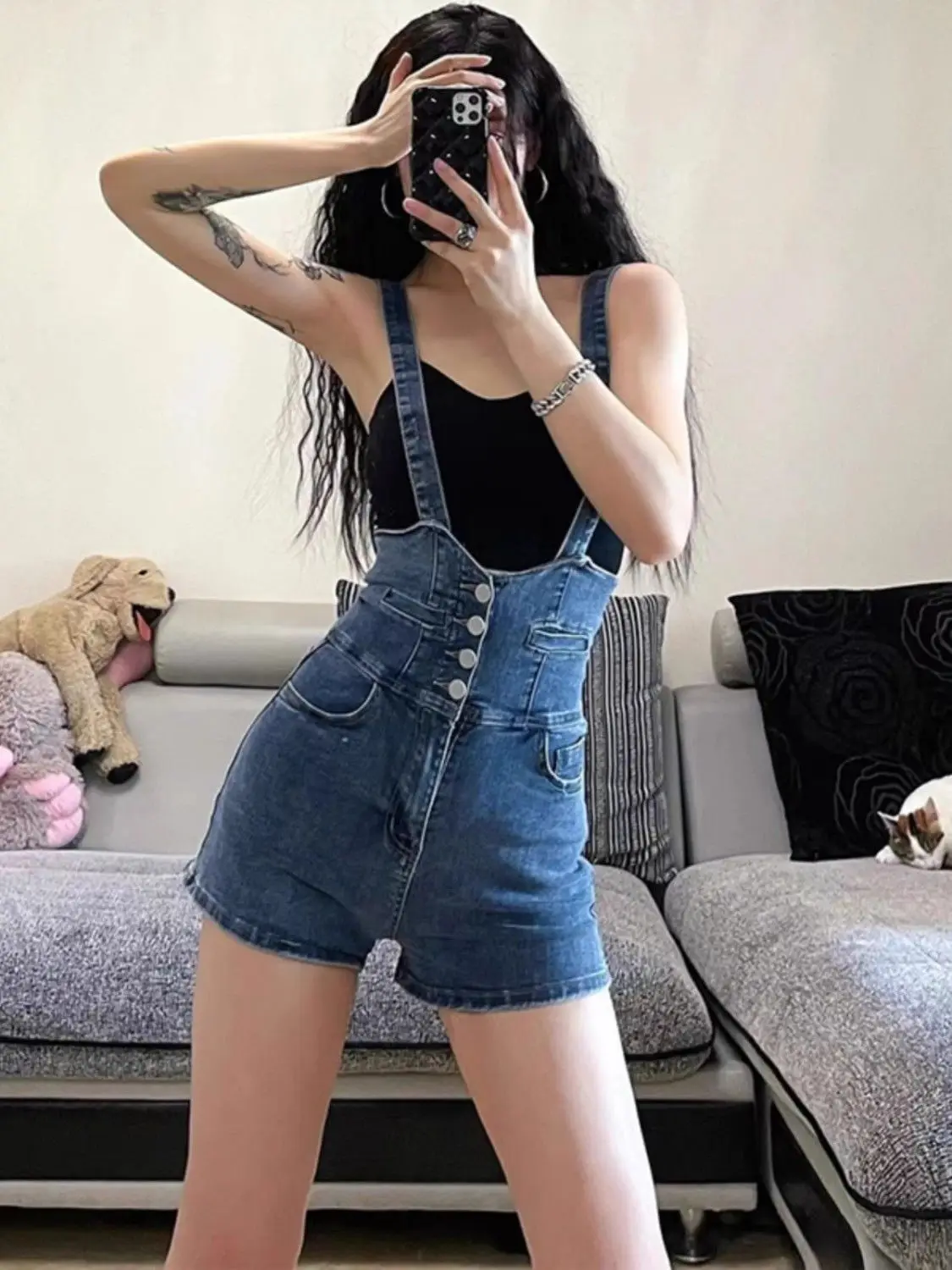

High Waist Denim Overalls Women's Stylish Slimming Summer Shorts Vintage Fashionable Versatile Jeans Pants Ladies' High Waist