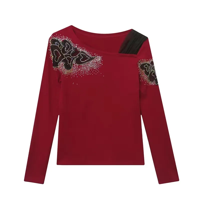 High Quality Women Cotton T-Shirt Clothes New Spring Designer Patchwork Hot Diamonds Tops Fashion Long-Sleeved Tee Blusas