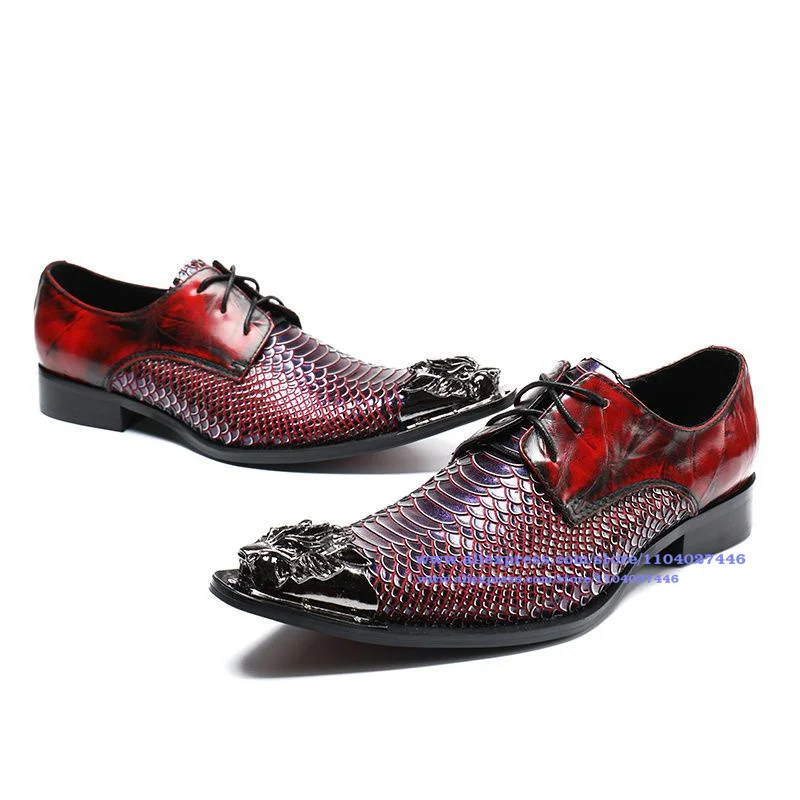 Metal Iron Toe Shoes Men Snake Scale Pattern Casual Leather Lace-up Large size Party Office Shoes  Luxury Handmade Men Shoes