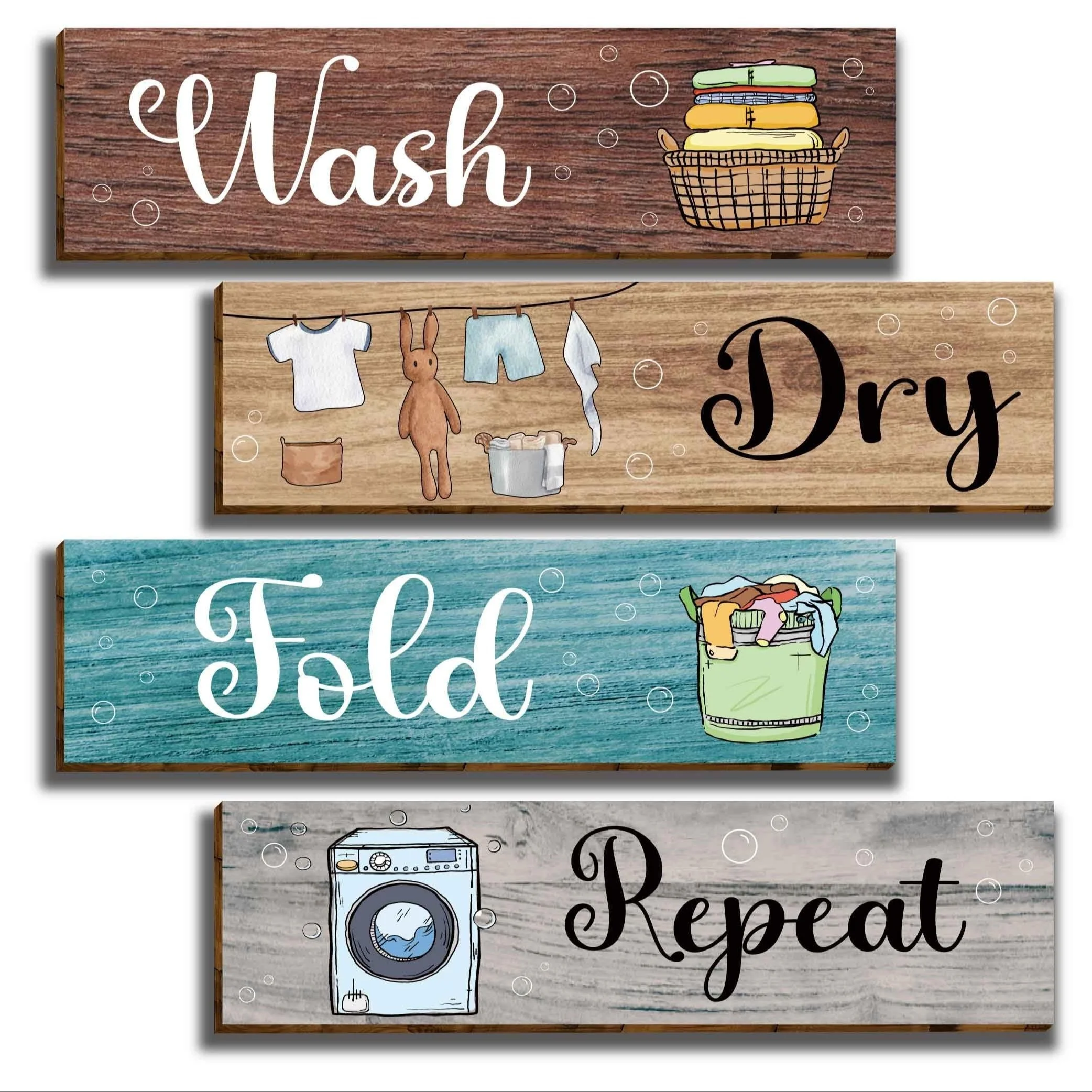 4 Pcs Laundry Room Wall Sign Rustic Laundry Room Rules Hanging Sign Wooden Wash Dry Fold Repeat Laundry Plaque Vintage Farmhouse