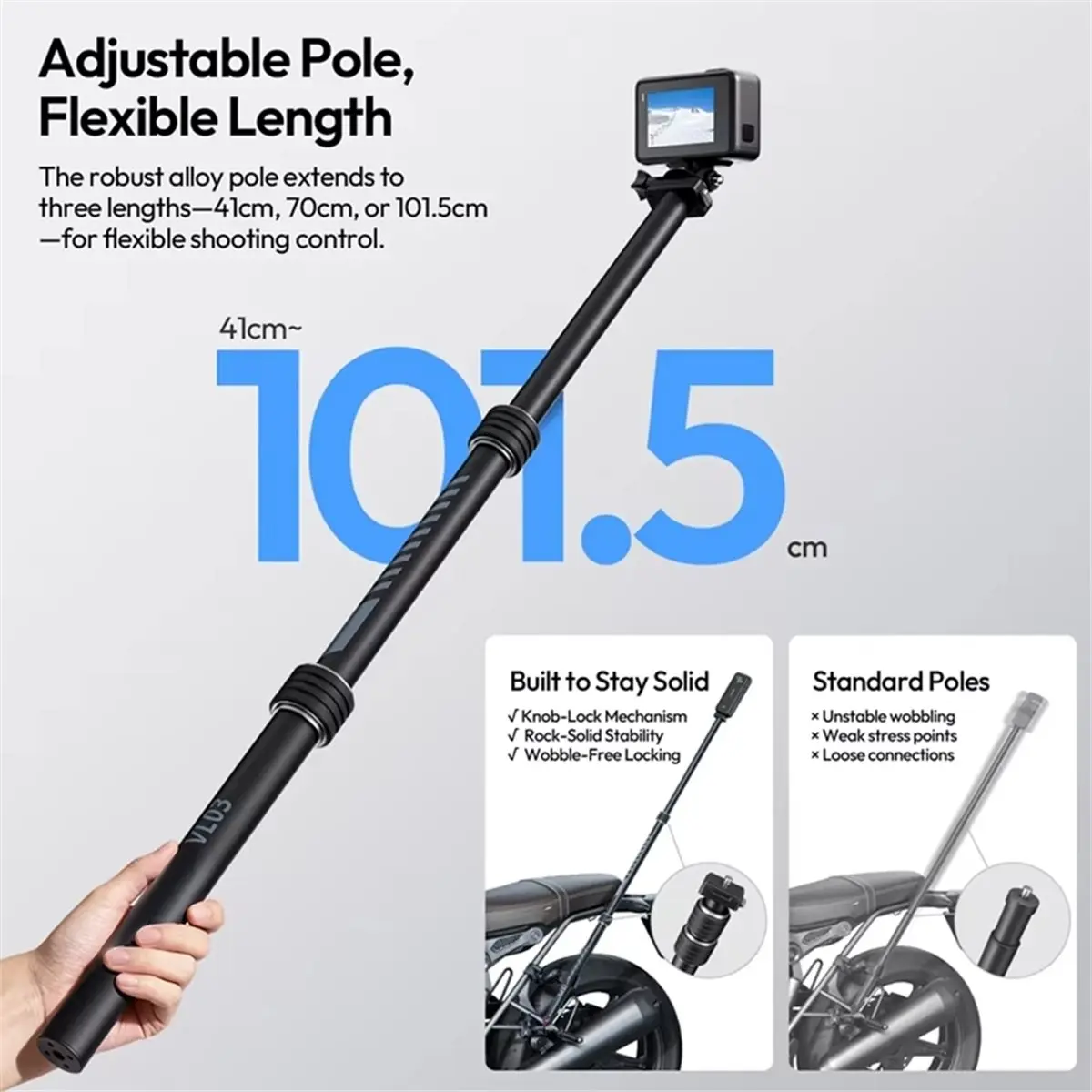 B21B VL03 Motorcycle Selfie Stick Holder with Super Clamp for Action Cameras 360° Rotating Bike Mount Bracket